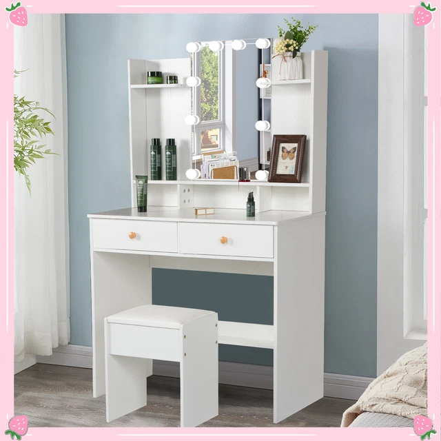 W/ LED Hollywood Mirror And Stool Dressing Table 2 Drawers MakeUp Vanity Set New