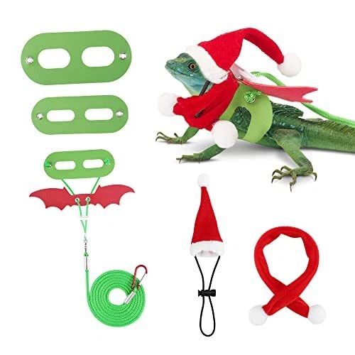 Lizard Leash Bearded Dragon Harness Bat Wing Bowler hat Red Bow Chritmas Red