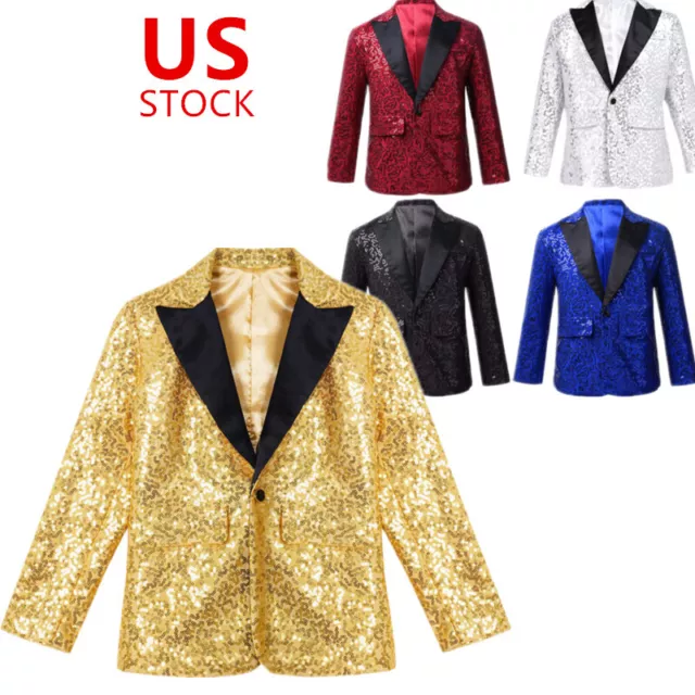 Kids Boys Sequin Suit Jacket Blazer Tuxedo Wedding Coat Prom Shiny Glitter Party