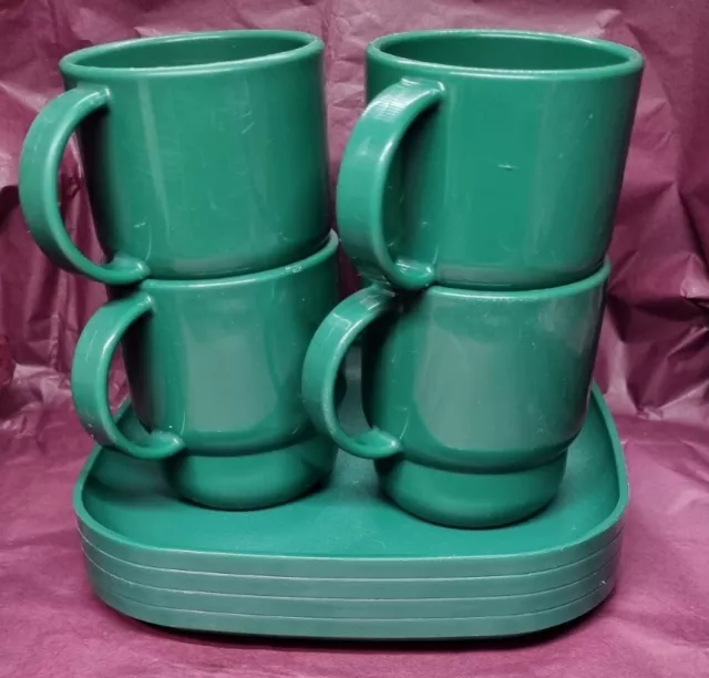 Vintage Tupperware Mugs And Square Luncheon Plates Set  Dark Green