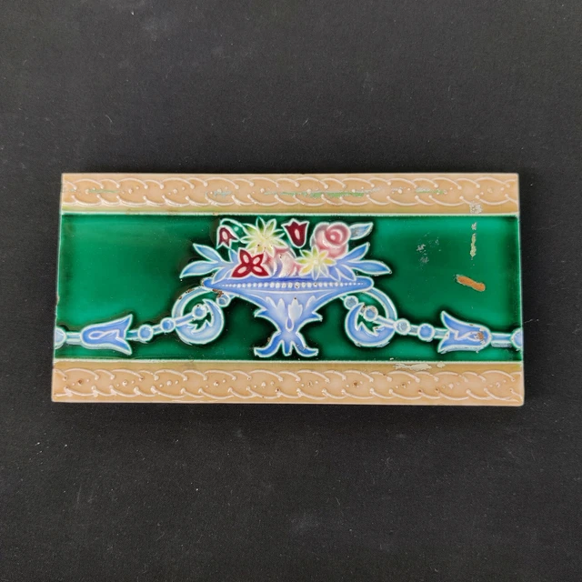 1940s Vintage Architecture Furniture Tile6 x3  Floral Majolica Art Nouveau Japan