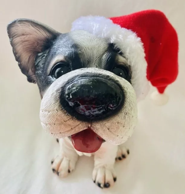 Vintage White & Black Dog Life-like Figurine Wearing Christmas Santa Hat
