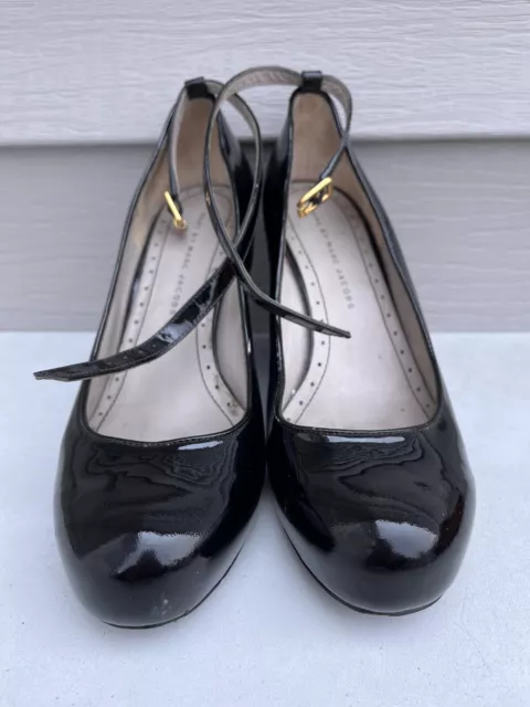 MARC BY MARC JACOBS Patent Leather Platform Ankle Strap Wedges Black Size 38.5