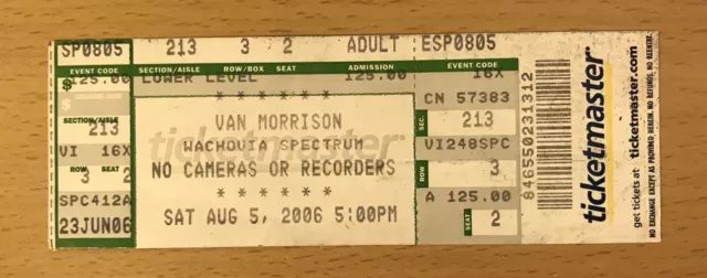 2006 Van Morrison Philadelphia Concert Ticket Stub Brown Eyed Girl Moondance