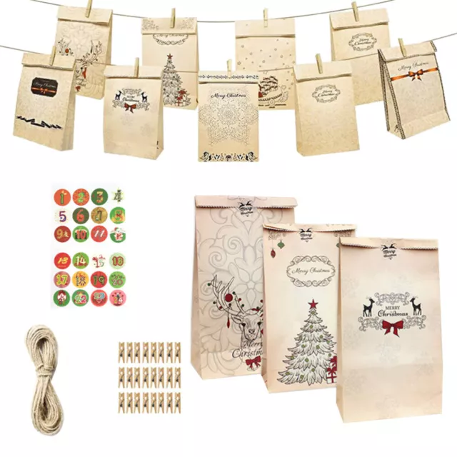 24 PCS Baking Cake Packing Paper Bag Calendar Garland DIY Gift Bags Kraft