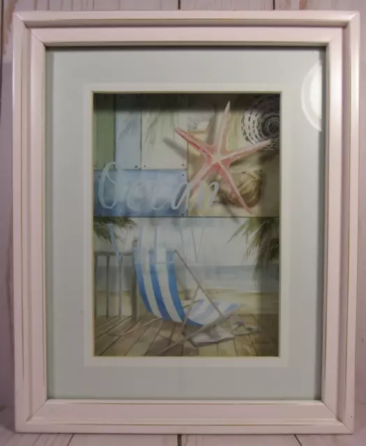 Wall Art 3D Beach Scene "Ocean View" 7.5" x 9" White Frame Glass Front.