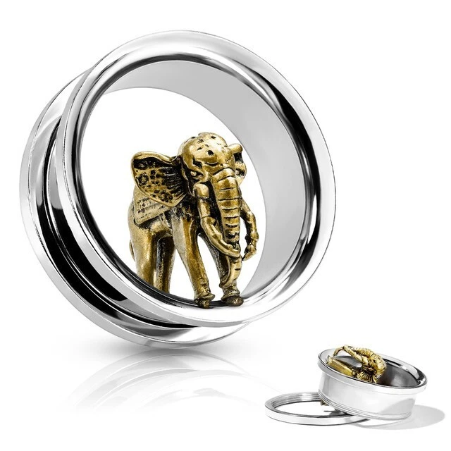 PAIR Gold Elephant Screw Fit Tunnels Earlets Gauges Plugs Body Jewelry