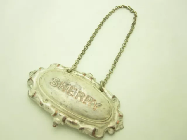 Vintage Silver Plate SHERRY Liquor Bottle Decanter Hang Tag Botte Chain Necklace