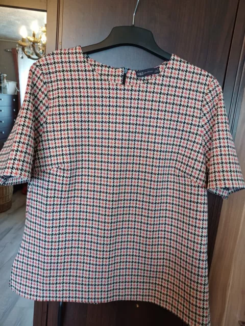 M&S Coral Mix Heavy Short Sleeve Checked Blouse Top Round Neck Size 16