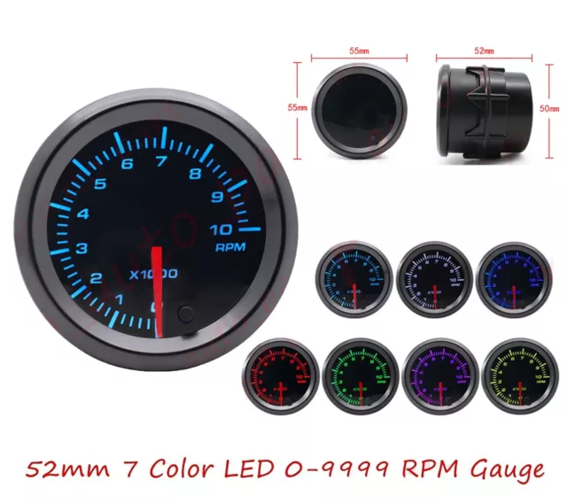 AU LED 2" 52mm Color Tachometer 0-9999 RPM Gauge Auto Boat Analog Display
