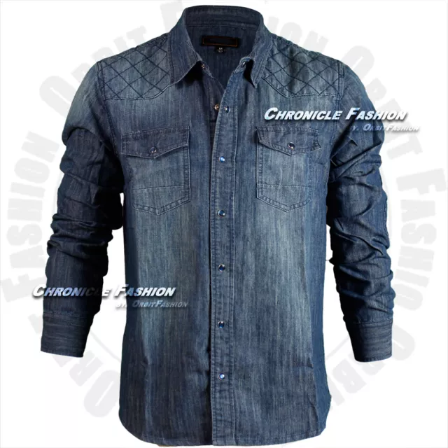 Mens Denim Shirts Button Front Quilted Long Sleeves Casual Tops Washed Slim Fit