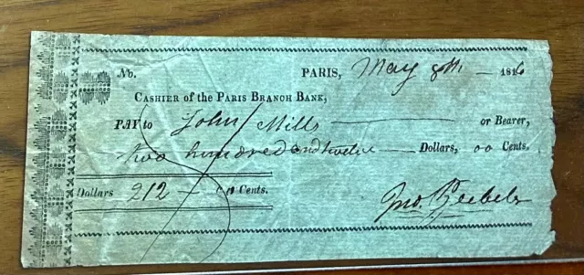 Here is a May, 1816 check from the Cashier of the Paris Branch Bank of Maine (?)