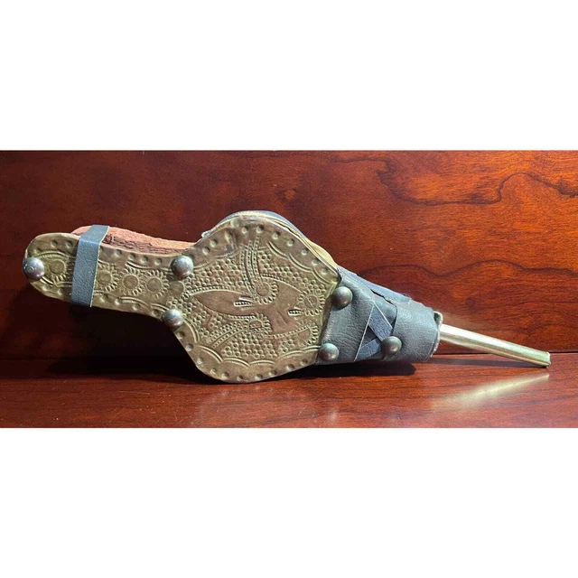 VINTAGE HANDMADE WOOD Leather Embossed Copper Brass Nozzle 8" Fireplace