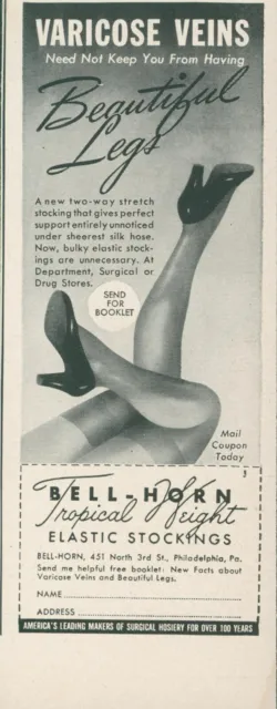 1942 Bell Horn Elastic Stockings Tropical Weight Pin Up Legs Vtg Print Ad L33