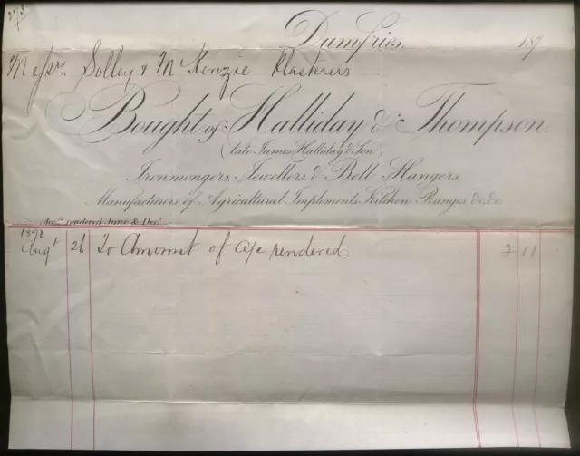 1870 Dumfries, Halliday & Thopson, Ironmongers, Jewellers, Etc. Billhead