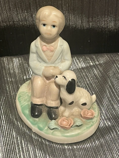 Boy w/ bow tie And Dog ~Ceramic Porcelain Figurine ~Pastel Colors Glazed