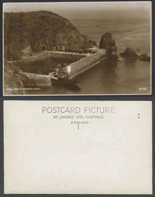 Sark Creux Harbour, Ferry Boat Boats Tunnel Rocks Cliffs Old Real Photo Postcard