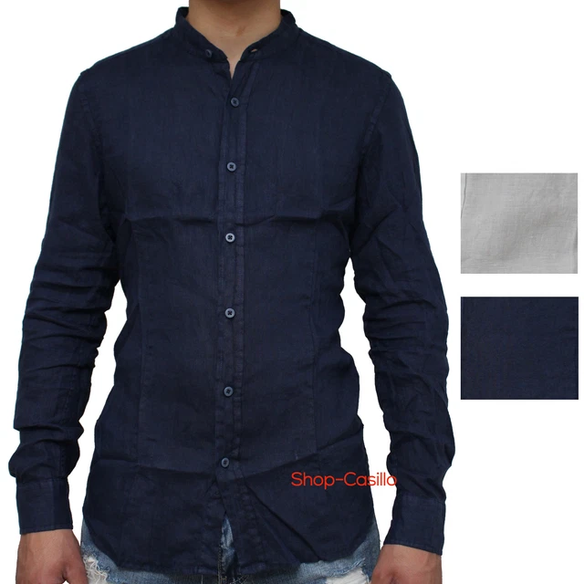 CAMICIA LINO UOMO slim fit avvitata collo coreana pistagna coreano