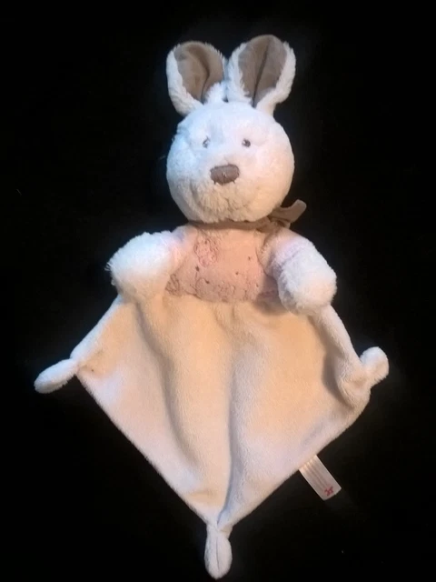 DOUDOU NICOTOY LAPIN PLAT BLANC MARRON PULL ROSE PAPILLON FLEUR bon etat