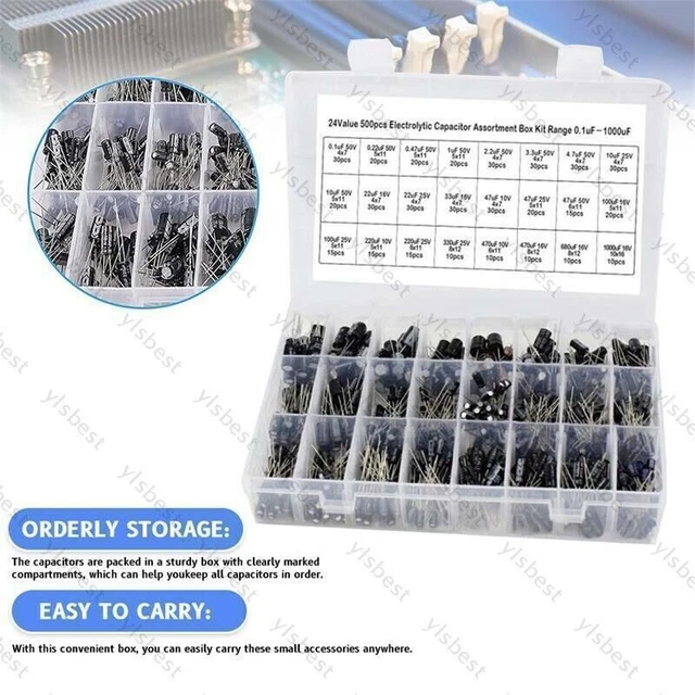 Kit scatola condensatore elettrolitico 500x 0.1UF-1000UF 16V-50V 24 valori Set