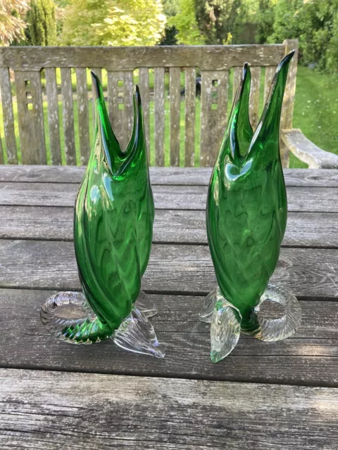 Two A Pair Vintage Green Glass Fish Ornament  Vases 26 Cms Tall