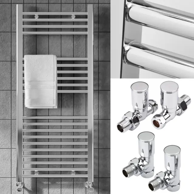 Bathroom Heated Towel Rail Chrome Straight Radiator Ladder Warmer & Valve Set