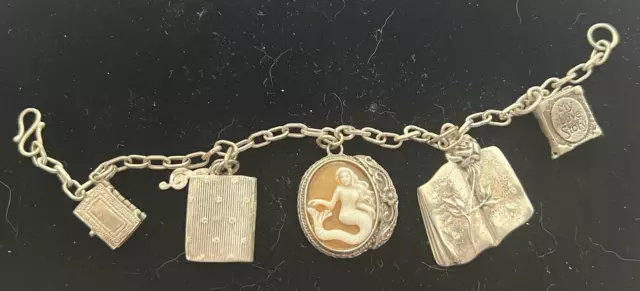Vintage Sterling Mermaid Cameo Charm Bracelet Books Bible Love Story Shell Music