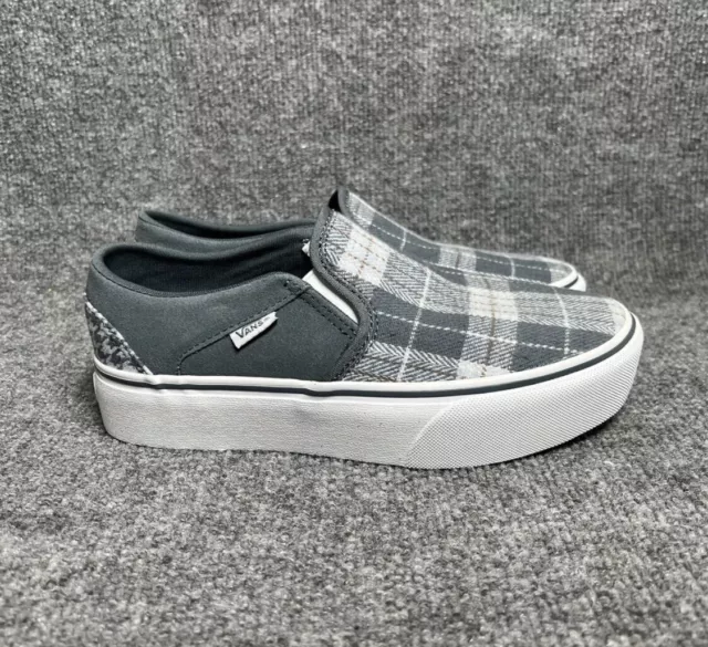 Vans Asher Platform Slip On Shoes Womens 6.5 Plaid Mix Dark Grey Sneakers NEW