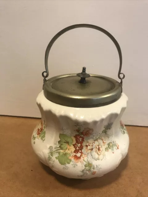 Vintage Ceramic Biscuit Barrel Floral Metal Lid With Handle bb12c