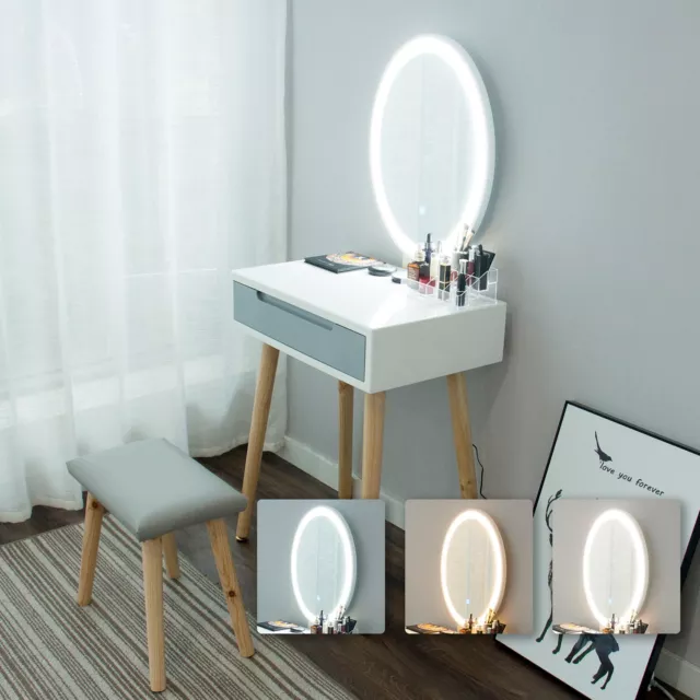 Dressing Table Vanity Set Make up Desk Oval LED Light Mirror with Stool Wood