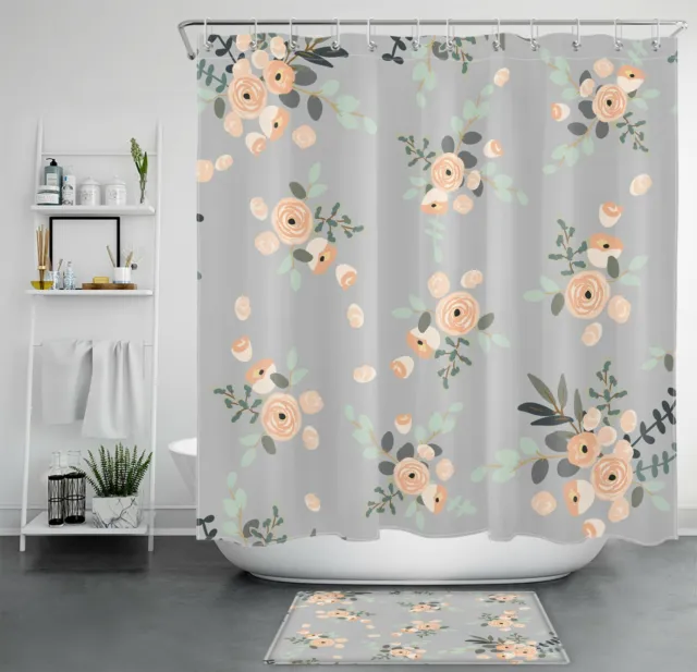 Abstract Style Plant Beautiful Flowers Shower Curtain Bathroom Accessories Set