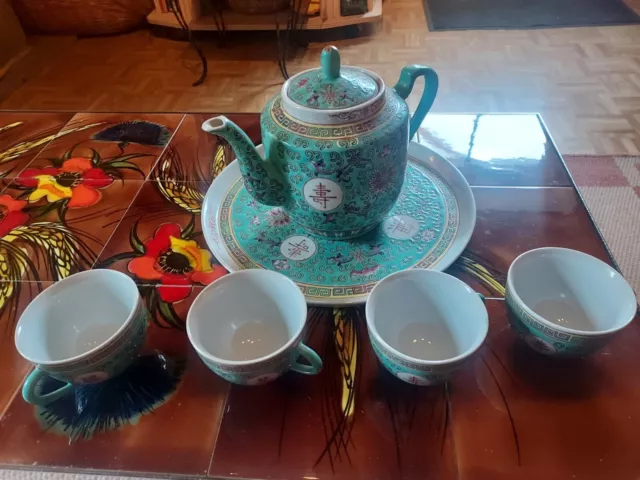 Superbe service à thé chinois complet: théière, plateau et ses 4 tasses. 2