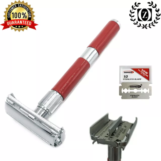 4" Long Handle Butterfly Double Edge Safety Razor Rasoir for Men + Blades RED