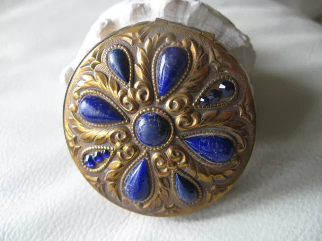 Antique Floral Cobalt Blue Gold Fleck Glass Jewel Sifter Puff Gold Compact EVANS