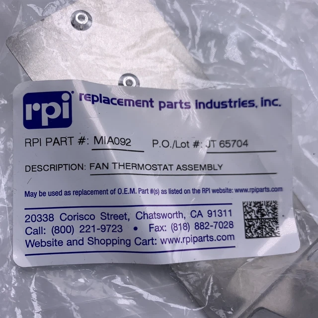 FAN THERMOSTAT ASSEMBLY for AUTOCLAVES   MIDMARK m9/m11  RPI # MIA092