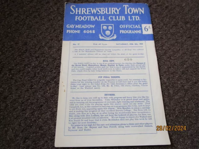 SHREWSBURY TOWN  v  TORQUAY  UNITED  1957/8  FEBRUARY 8th