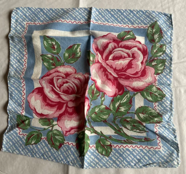 Vintage Cottage Core Handkerchief Hankie Red Rose Blue Plaid Estate Sale Find