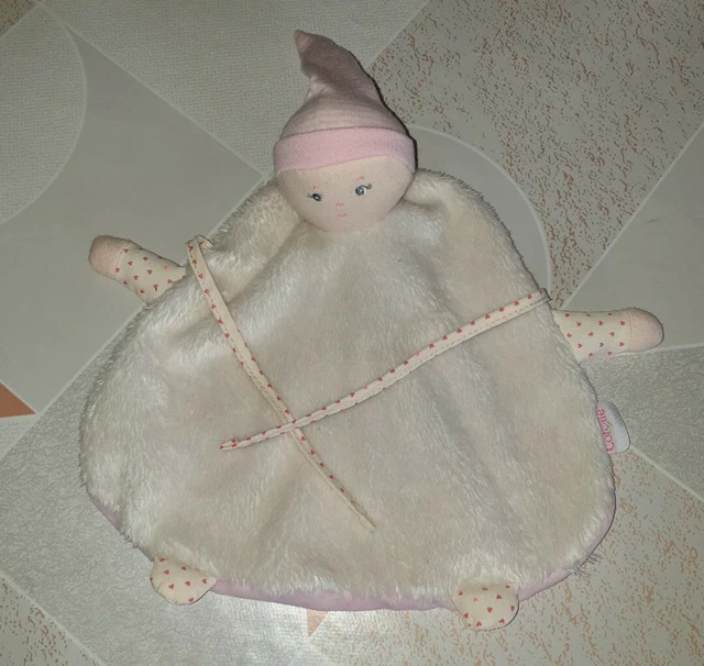 Doudou Plat Corolle Poupee Lutin Cape Rose Blanc Coeur Bonnet Raye - Tbe