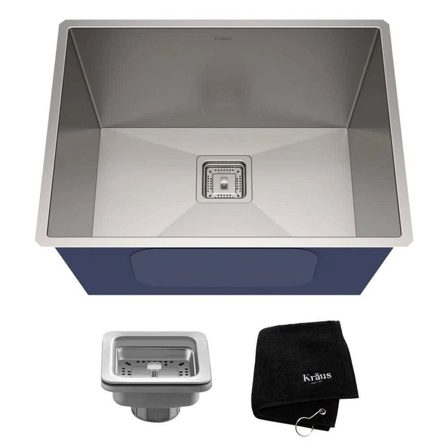 KRAUS Undermount Kitchen Sink 24" 18G Single Bowl Stainless Steel W/ Accessories