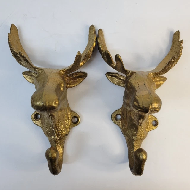 2 Cast Iron Gold Deer Elk Antler Towel Coat Hooks Hangers Cabin Rustic Christmas