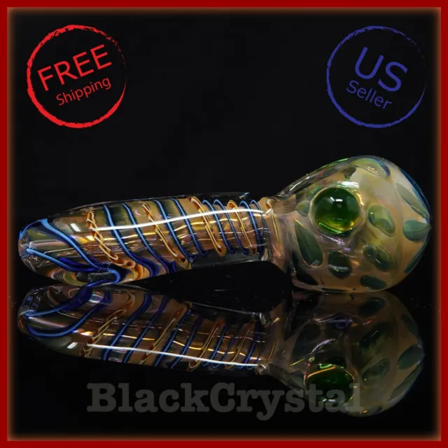 5" Handmade Heavy Thick Fumed Blue Gold Swirl Tobacco Smoking Bowl Glass Pipes