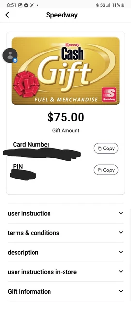 speedway E Gift Card 75 gas + merchandise. NO PHYSICAL CARD
