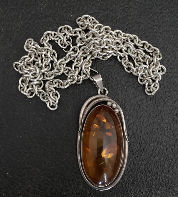 GROSSE MASSIVE STIRLING SILBER & BERNSTEIN ANHÄNGER JUGENDSTIL HALSKETTE, ATEMBERAUBEND 78g.