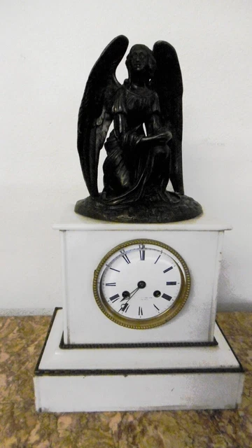 Antiguo Reloj En Marmol Blanco Y Angel Escultura Mujer Bronce Principios Xx