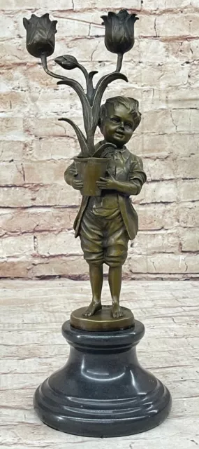 Victorian Style Bronze Statue - Aldo Vitaleh Young Boy with Tulip Vase Artwork