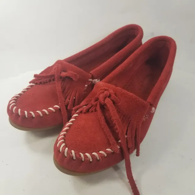 Minnetonka Moccasins Women's 8.5 Kilty Hardsoles Red Suede Slip On Shoes