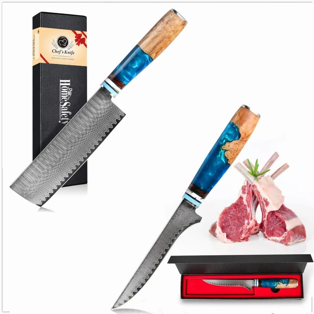 2Stück Küchenmesser Set Damaststahl Nakirimesser Filetiermesser Damaskus Messer