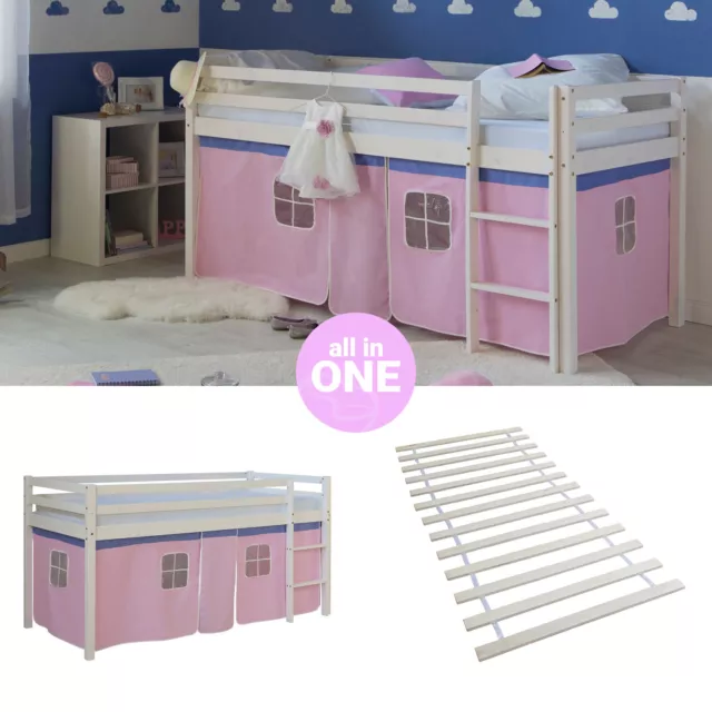 Lit superposé 90x200 Lit d'enfant mezzanine Lattes Bois Rideau Rose Homestyle4u