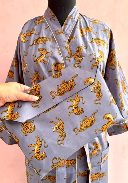 Kimono de verano con estampado de bloques indios de algodón puro de tigre...