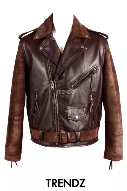 Men's BRANDO BROWN / SUEDE Cruiser Biker Style Motorcycle Cowhide Leather Jacket